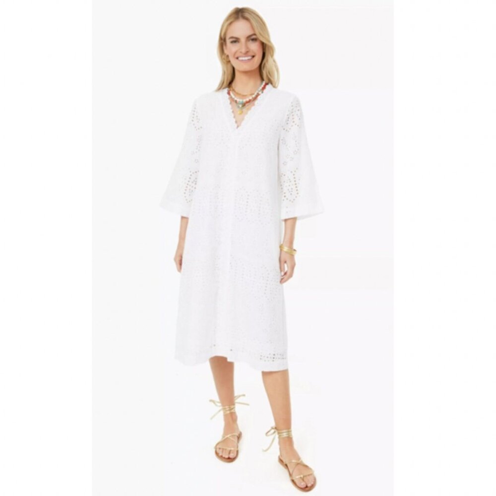 Tuckernuck NWT Provincial Eyelet Cote D'azur Caftan White Dress, Women's Small